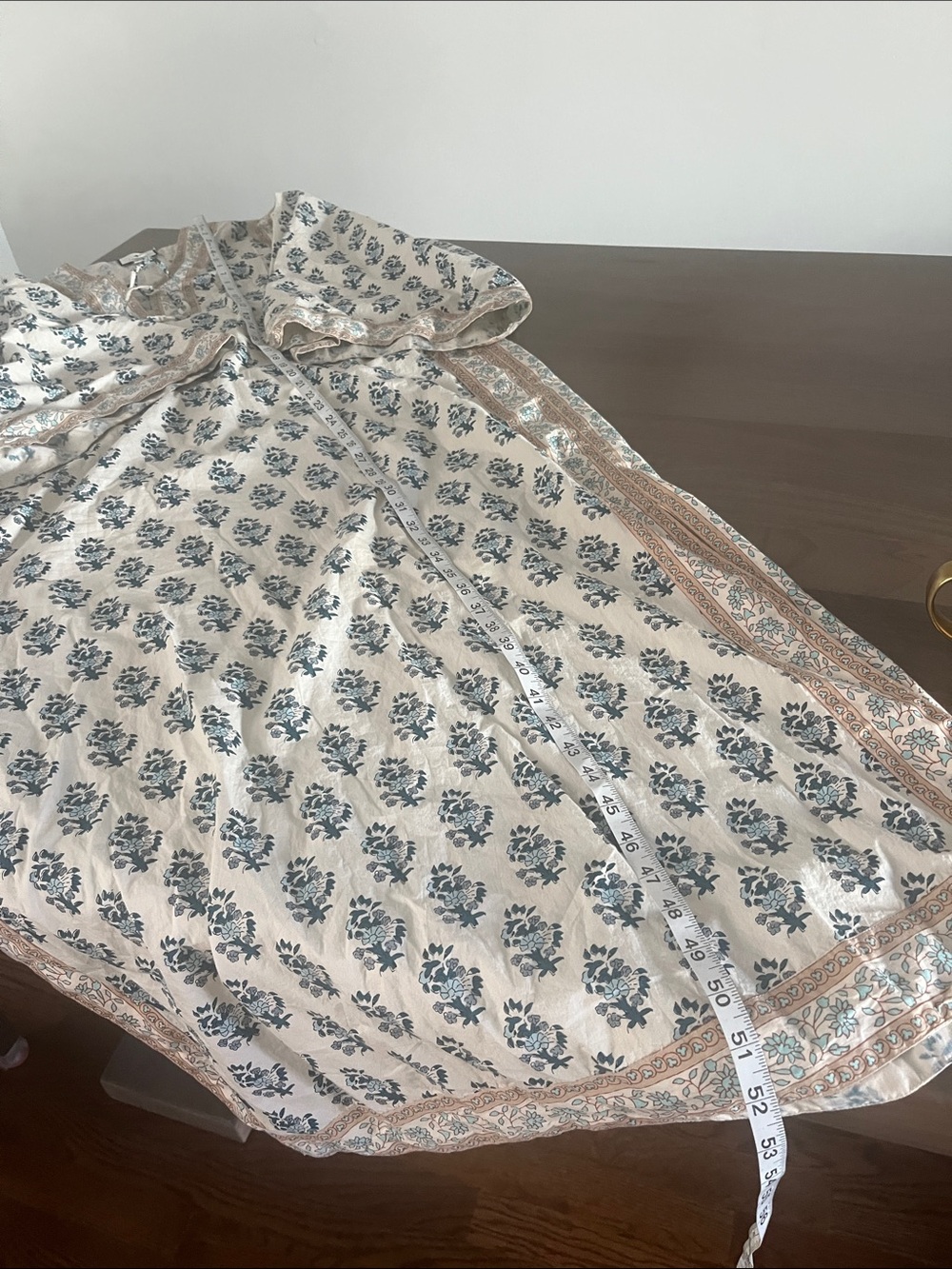 Tuckernuck Cream Midi Dress with Blue Floral Print and Tan Trim - Picture 4 of 8
